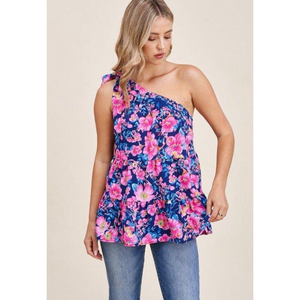 Staccato Floral Print One Shoulder‎ Tiered Ruffle Top Boutique M Tie Whimsy